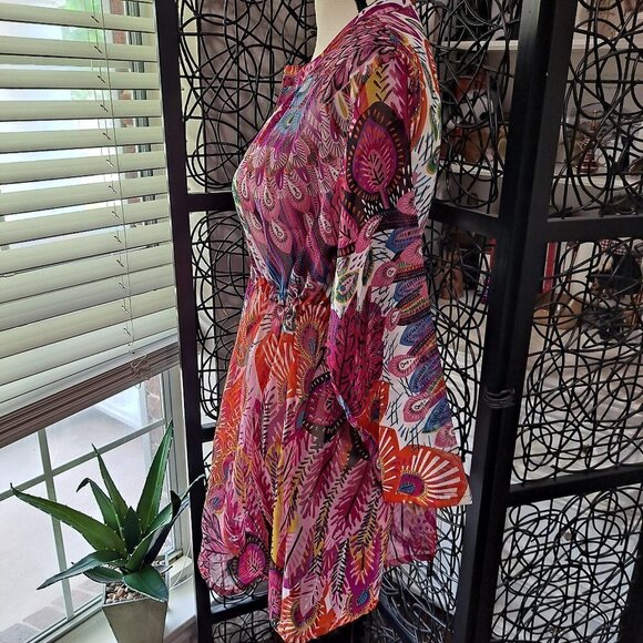 Roma Beachwear Size Small/Medium Sheer Coverup Pink Peacock Feathers EUC - Picture 5 of 11